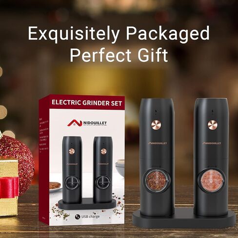 NIDOUILLET Electric Salt and Pepper Grinder Set Rechargeable, Automatic Salt and Pepper Mill Grinder with Adjustable Coarseness and LED Light, One-Hand Operated Stainless Steel Salt Pepper Mill 2PCS in Saudi Arabia