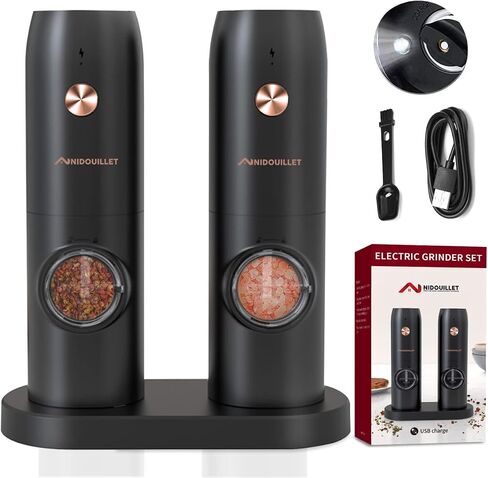 NIDOUILLET Electric Salt and Pepper Grinder Set Rechargeable, Automatic Salt and Pepper Mill Grinder with Adjustable Coarseness and LED Light, One-Hand Operated Stainless Steel Salt Pepper Mill 2PCS in Saudi Arabia