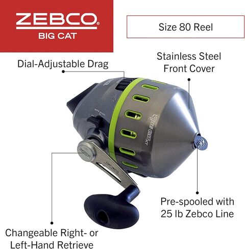 بكرة صيد السمك Zebco Big Cat XT Spincast، 4 محامل (3 + قابض)، مقاومة فورية للعكس مع تروس ناعمة ومحاذاة بدقة، مقاس 80، أزرق/أخضر in Kuwait