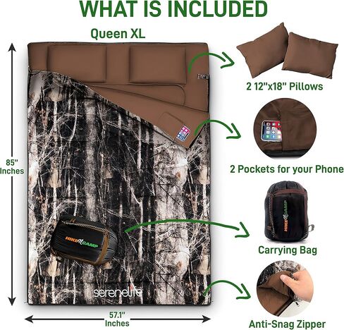 حقيبة نوم مزدوجة من سيرين لايف مع وسادتين، خفيفة الوزن، مقاومة للماء، محمولة، مثالية للتخييم والمشي لمسافات طويلة، صغيرة الحجم وقابلة للغسل، قابلة للفصل إلى حقيبتين للنوم in Kuwait