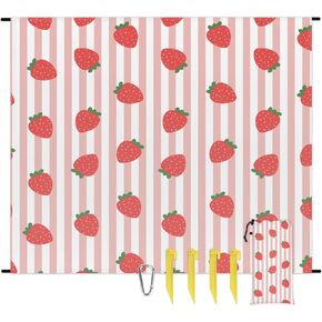 Strawberry Strip Lightweight Beach Blanket Waterproof Sandproof 59"X68" Sand Free Beach Mat with 4 Stakes Compact Outdoor Blanket for Beach Quick Drying Picnic Mat for Travel Camping