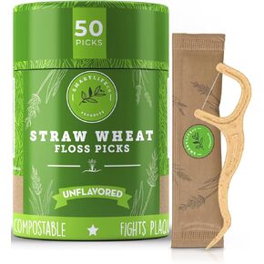 Individually Wrapped Dental Floss Picks - Biodegradable Plastic Free Flosser Handle & Packaging | Natural Toothpick Stick Soft On Gums & Teeth | Eco Friendly, Zero Waste, Organic | Unflavored, 50x