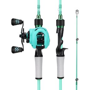 One Bass Spirit Flame Fishing Rod Reel Combo, Spinning & Baitcasting Fishing Pole with Graphite 2Pc Blanks, Stainless Steel Guides-6'0" Casting Blue - Left Handed