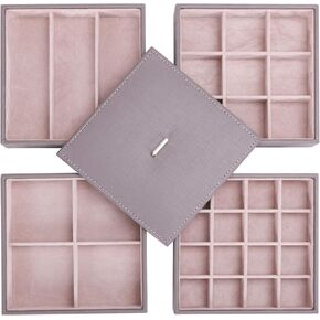 BEWISHOME Stackable Jewelry Organizer Trays, Earring Storage Trays with Glass Lid for Dresser and Drawer, Jewelry Organizer Tray for Earrings Rings Cufflinks Bracelets and Watches Set of 4 Grey SSH82H