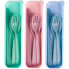 Travel Utensils with Case - Portable, Reusable Utensils Set with Case - Lunch Utensils Set for Work & School - Travel Flatware/Cutlery Set Sticks, Fork and Spoon, 3 Pcs