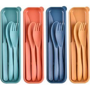 4 Set Reusable Utensils Set with Case, Travel Utensils with Case, Reusable Plastic Spoons and Forks Sets for Lunch Box Accessories, Portable Cutlery Set for Kids Adults Picnic Camping Work Use