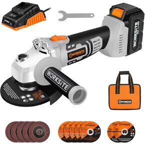 WORKSITE Cordless Angle grinder, 4-1/2 Inch Power Angle Grinder with 4-Pole Motor, Adjustable Auxiliary Handle, Cutting Wheels, Grinding Wheels and Flap Discs, 4.0 Ah Battery & Charger Included