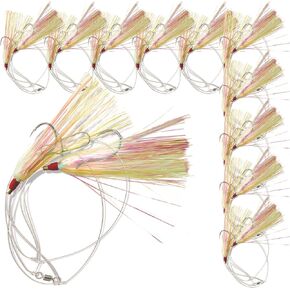Uncle Mo’s Tackle - 10 Pack - Hi-Lo Rig – Chartreuse Mylar Teaser for Saltwater – BKK Black Size 2/0 Bait Hook - 30lb Heavy Duty Mono 2ft Long - Black Duo-Lock Snaps