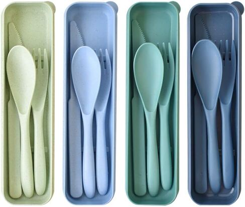 4 Set Reusable Utensils Set with Case, Travel Utensils with Case, Reusable Plastic Spoons and Forks Sets for Lunch Box Accessories, Portable Cutlery Set for Kids Adults Picnic Camping Work Use in Saudi Arabia