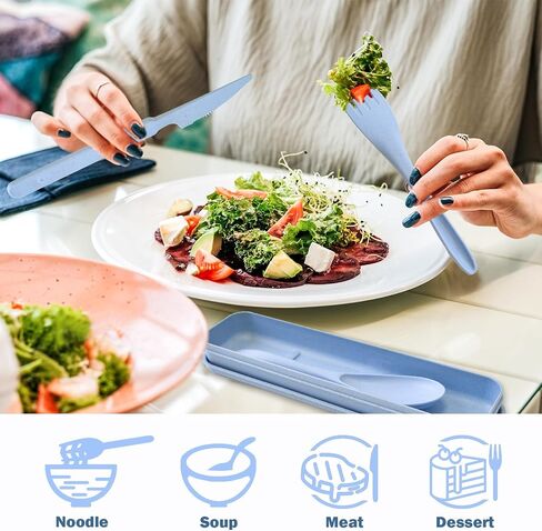 4 Set Reusable Utensils Set with Case, Travel Utensils with Case, Reusable Plastic Spoons and Forks Sets for Lunch Box Accessories, Portable Cutlery Set for Kids Adults Picnic Camping Work Use in Saudi Arabia