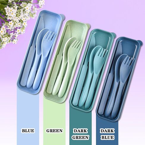 4 Set Reusable Utensils Set with Case, Travel Utensils with Case, Reusable Plastic Spoons and Forks Sets for Lunch Box Accessories, Portable Cutlery Set for Kids Adults Picnic Camping Work Use in Saudi Arabia