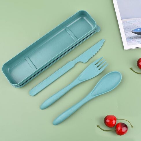 4 Set Reusable Utensils Set with Case, Travel Utensils with Case, Reusable Plastic Spoons and Forks Sets for Lunch Box Accessories, Portable Cutlery Set for Kids Adults Picnic Camping Work Use in Saudi Arabia