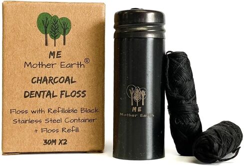 Vegan Biodegradable Bamboo Charcoal Dental Floss with Refillable Stainless Steel Container | 33yds x2 | Extra Floss Refill | Natural Candelilla Wax | Peppermint | Eco Zero Waste Oral Care in Kuwait
