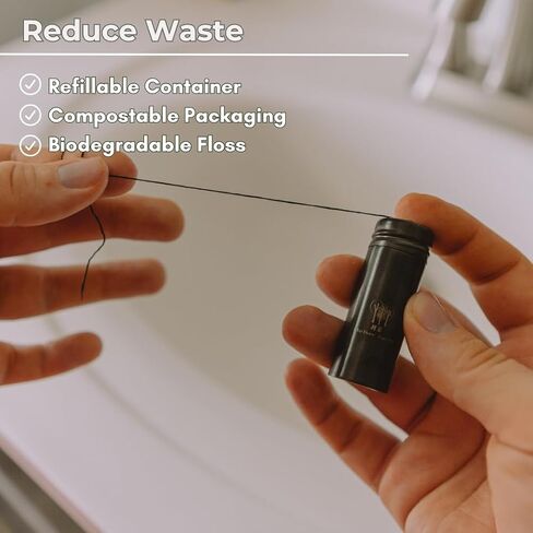Vegan Biodegradable Bamboo Charcoal Dental Floss with Refillable Stainless Steel Container | 33yds x2 | Extra Floss Refill | Natural Candelilla Wax | Peppermint | Eco Zero Waste Oral Care in Kuwait