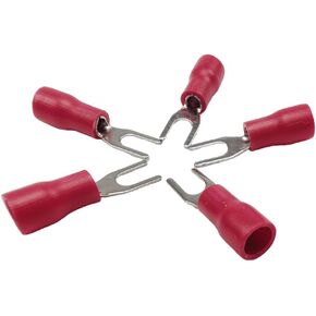 100pcs Red Insulated Fork Spade Lugs U-Type Wire Connector Electrical Cable Crimp Terminals 22-16AWG (SV 1.25-3.2#4)