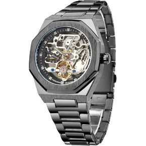 FORSINING Automatic Watch Mechanical Wrist Watch for Men Octagonal Waterproof Skeleton Watches Luxury Diamond Tourbillon Silver Stainless Steel Band