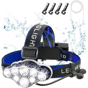 Rechargeable Headlamp, 8 LED 18000 Lumen Super Bright Waterproof Headlight with Red Lights, 8 Light Modes Head Lamp for Emergency Light ​Outdoors Fishing Hiking Camping Running (1, Blue) in Kuwait