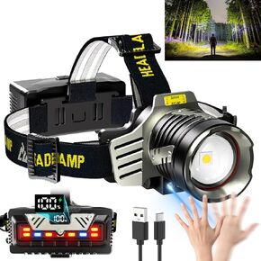 Rechargeable Headlamp, 180000 LM Ultra Bright Headlamps, 9Mode, Motion Sensor, Zoom, Digital Display, Headlamp Battery Powered with 3Mode Red Light,Waterproof Led Headlamp for Camping, Running