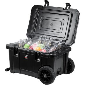 KEMIMOTO Portable Wheeled Cooler, 45 Quart Insulated Ice Chest with Handle, Cup Holders, Tight Latches, Hard Cooler for Beach, Picnic, Fishing, Boat, Rolling Camping Cooler 7 Days Ice Retention