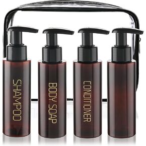Travel Bottles Plastic Pump Bottle Dispenser TSA Approved 3.4oz/100ml 4 Pack Travel Refillable Shampoo and Conditioner Bottles Empty Travel Size Bottles for Cosmetic, Lotion, Liquid Soap (Clear)