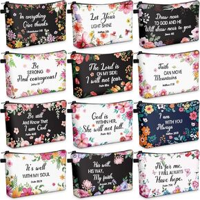 12 Styles Inspirational Bible Verse Make up Christmas Gifts for Women Pouch Toiletry Bag Gifts Cosmetic Zippered Travel with Christian Flower Patterns Reusable Bulk Organizer, 7.48 x 4.72 Inch