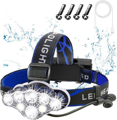 Rechargeable Headlamp, 8 LED 18000 Lumen Super Bright Waterproof Headlight with Red Lights, 8 Light Modes Head Lamp for Emergency Light ​Outdoors Fishing Hiking Camping Running (1, Blue) in Kuwait
