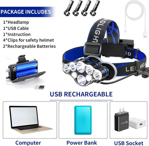 Rechargeable Headlamp, 8 LED 18000 Lumen Super Bright Waterproof Headlight with Red Lights, 8 Light Modes Head Lamp for Emergency Light ​Outdoors Fishing Hiking Camping Running (1, Blue) in Kuwait