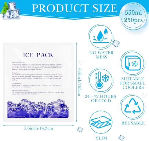 250 قطعة من عبوات الثلج الجاف لشحن الأطعمة المجمدة، عبوات ثلج قابلة لإعادة الاستخدام للشحن والمبردات، حزمة ثلج باردة لصندوق الغداء البريدي، حقيبة غداء تخزين طازجة طويلة الأمد in Kuwait