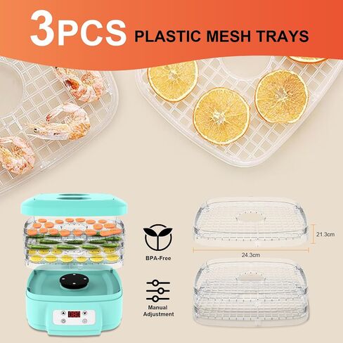 Food Dehydrator Machine,3 BPA-Free Trays,200W,24H Timer Fruits Dehydrator and 176°F Adjustable Temperature Control,Jerky, Herbs, Fruit, Veggies, Vegetable,Dried Snacks in Saudi Arabia