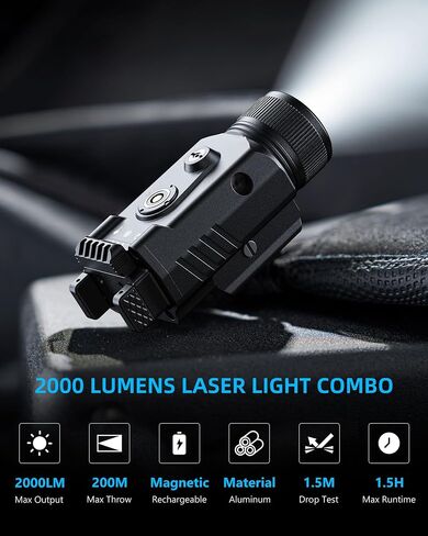 مجموعة ضوء الليزر EZshoot 2000 لومن للمسدس، مصباح يدوي تكتيكي LED عالي التجويف مع سكة ​​منزلق قابلة للتعديل سريعة التركيب، ضوء ليزر أخضر مغناطيسي قابل لإعادة الشحن لسكك Picatinny in Kuwait