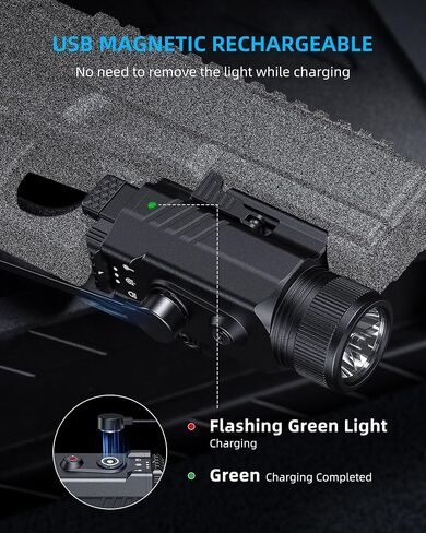 مجموعة ضوء الليزر EZshoot 2000 لومن للمسدس، مصباح يدوي تكتيكي LED عالي التجويف مع سكة ​​منزلق قابلة للتعديل سريعة التركيب، ضوء ليزر أخضر مغناطيسي قابل لإعادة الشحن لسكك Picatinny in Kuwait