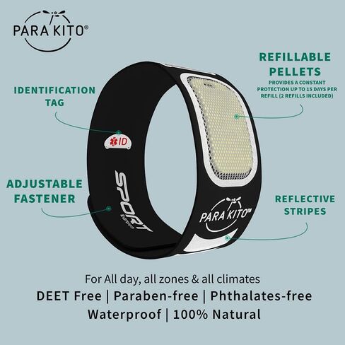 PARA'KITO Mosquito Insect & Bug Repellent Wristband - Waterproof, Outdoor Pest Repeller Bracelet w/Natural Essential Oils - Sport Edition (Black) in Saudi Arabia
