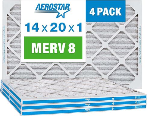 فلتر هواء Aerostar 14x24x1 MERV 8 مطوي، فلتر هواء فرن التيار المتردد، 4 عبوات (الحجم الفعلي: 13 3/4 بوصة × 23 3/4 بوصة × 3/4 بوصة)، أبيض in Kuwait