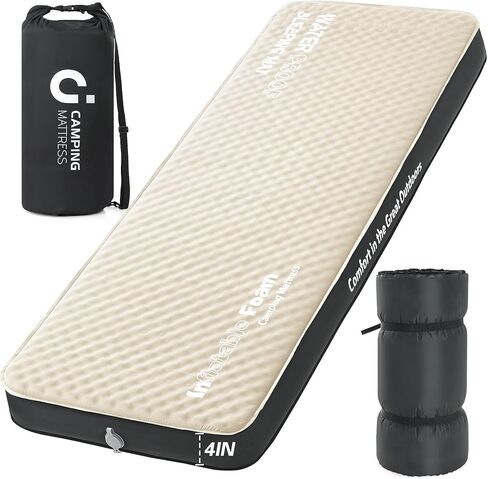 CYMULA Self Inflating Sleeping Pad, Foam Camping Mattress with Air Pump Sack, 4" Ultra-Thick Sleeping Mats for Adults Inflatable Camping Pad, Single Cot Bed,Travel,Car,Tent,Home (75"x25"x4 Beige) in Saudi Arabia