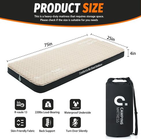 CYMULA Self Inflating Sleeping Pad, Foam Camping Mattress with Air Pump Sack, 4" Ultra-Thick Sleeping Mats for Adults Inflatable Camping Pad, Single Cot Bed,Travel,Car,Tent,Home (75"x25"x4 Beige) in Saudi Arabia