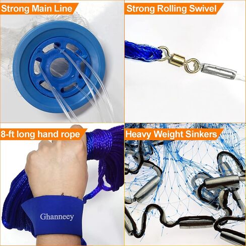 Casting Net Handmade American Saltwater Fishing Cast Net with Stainless Steel Round Weights 4Ft/6Ft/8Ft Radius, 1/2 in Mesh Size in Saudi Arabia