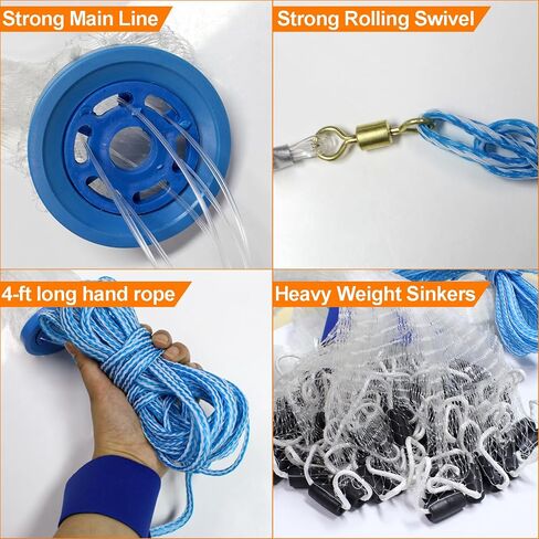 Casting Net Handmade American Saltwater Fishing Cast Net with Stainless Steel Round Weights 4Ft/6Ft/8Ft Radius, 1/2 in Mesh Size in Saudi Arabia