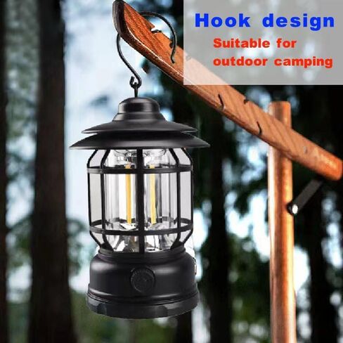 Vintage Warm Light Camping Lantern, Type-C Powered, Suspension Cable, Outdoor Waterproof, Ultra-Long Battery Life, ABS Material, Large, Black in Saudi Arabia