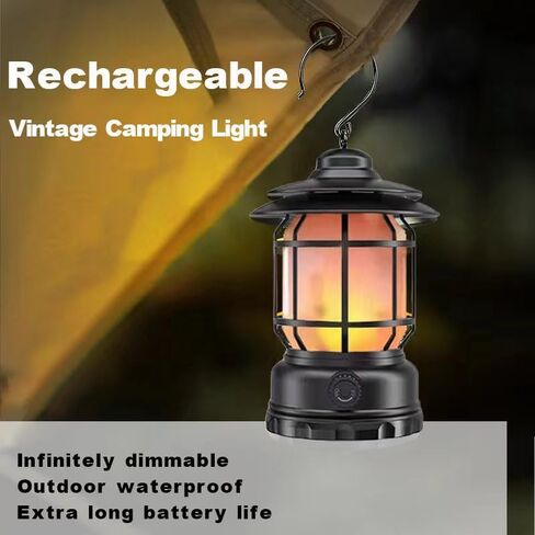 Vintage Warm Light Camping Lantern, Type-C Powered, Suspension Cable, Outdoor Waterproof, Ultra-Long Battery Life, ABS Material, Large, Black in Saudi Arabia