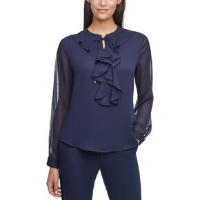 Tommy Hilfiger Women's Classic Long Sleeve Ruffle Front Blouse, Midnight