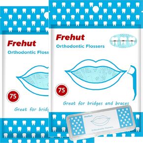 Frehut 300 Count Orthodontic Flossers for Braces - Ortho Dental Floss Picks, 75 Count (Pack of 4), with a Travel Case