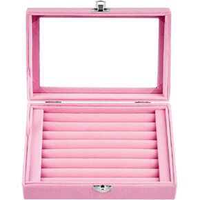 Jutieuo 7 Slots Ring Holder Storage Box Pink Velvet Ring Display Case Jewelry Earrings Necklace Organizer Tray with Top Glass Lid Store Showcase Gift for Women Girls