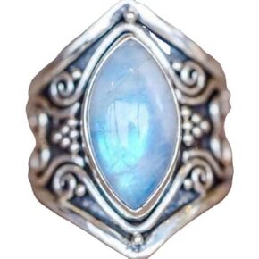 925 Sterling Silver Vintage Natural Moonstone Rings Antique Boho Ladies Jewelry Elegant Gemstone Wedding Rings Thai Silver Jewelry Holiday Gifts Cocktail Party Rings Sizes 6-10 632 (9)