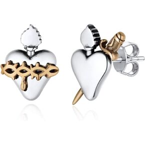 Sterling Silver Stud Earrings for Women Hypoallergenic Dainty Sacred Heart Earrings Crown of Thorns Arrow Heart Mismatched Earring Studs Christian Jewelry For Women Men