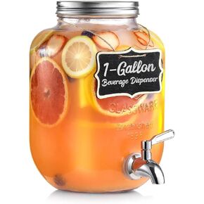 1-Gallon Glass Drink Dispenser with Stand and Lid, 18/8 Stainless Steel Spigot, [2 Pack] Glass Beverage Dispensers for Parties - Mason Jar Drink Dispensers with Lids, Wooden Chalkboards