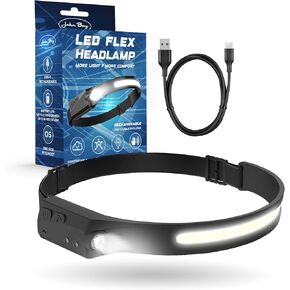 John Boy LED Flex Headlamp - 230 Degree LED Head Lamp with 85 Yard Beam & USB-C Charging - LED-HDLX-BLK1