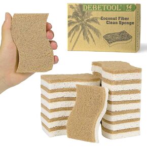DEBETOOL Natural Kitchen Sponge, Eco-Friendly Dish Sponge for Kitchen - Biodegradable Cellulose and Coconut Scrubber Sponge-Pack of 14 Household Cleaning Sponge for Dishes