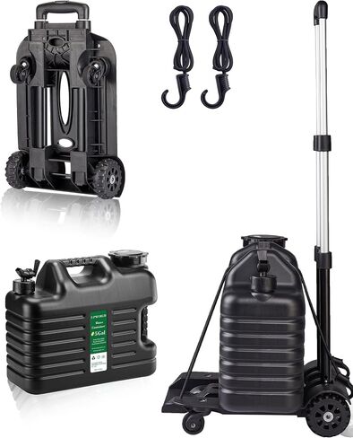 5 Gallon Water Jug and 150 lb Multifunctional Folding Hand Cart,Black Hand Truck,BPA Free Thickened Water Storage, Portable Luggage Cart with 2 Tank Wheels + 2 Swivel Wheels,Essential Camping Hiking in Saudi Arabia