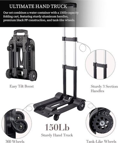 5 Gallon Water Jug and 150 lb Multifunctional Folding Hand Cart,Black Hand Truck,BPA Free Thickened Water Storage, Portable Luggage Cart with 2 Tank Wheels + 2 Swivel Wheels,Essential Camping Hiking in Saudi Arabia