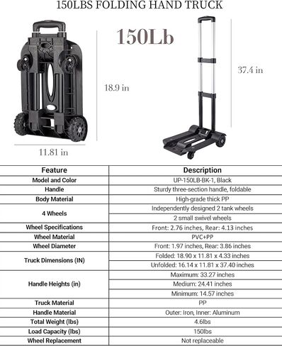 5 Gallon Water Jug and 150 lb Multifunctional Folding Hand Cart,Black Hand Truck,BPA Free Thickened Water Storage, Portable Luggage Cart with 2 Tank Wheels + 2 Swivel Wheels,Essential Camping Hiking in Saudi Arabia